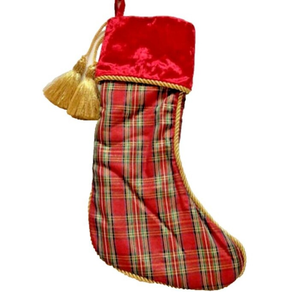 Christmas Stocking Plaid Gold Tassels Braid Velvet Top Satin Lined Green Red 20"